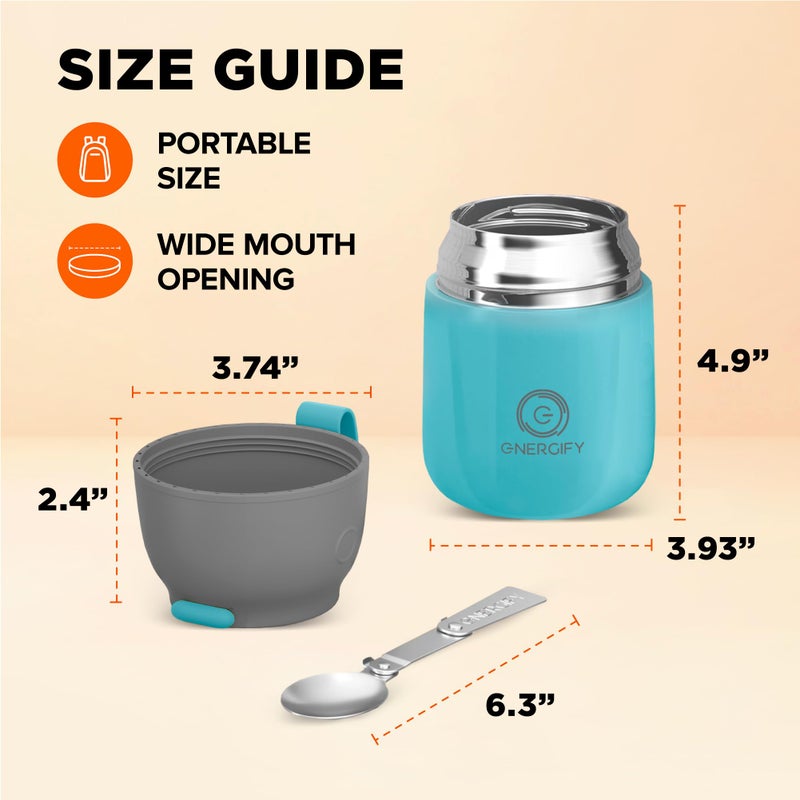 ENERGIFY Vacuum Insulated Food Jar. Large 17oz Bowl incl. Folding Spoon, Cup. Wide Mouth Keep Hot & Cold Drinks Soup Lunch Container for Adults. BPA-Free Stainless Steel, Leak Proof Blue - Image 4
